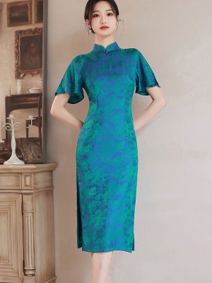 Green Chinese Painting Print Qipao Cheongsam Dress