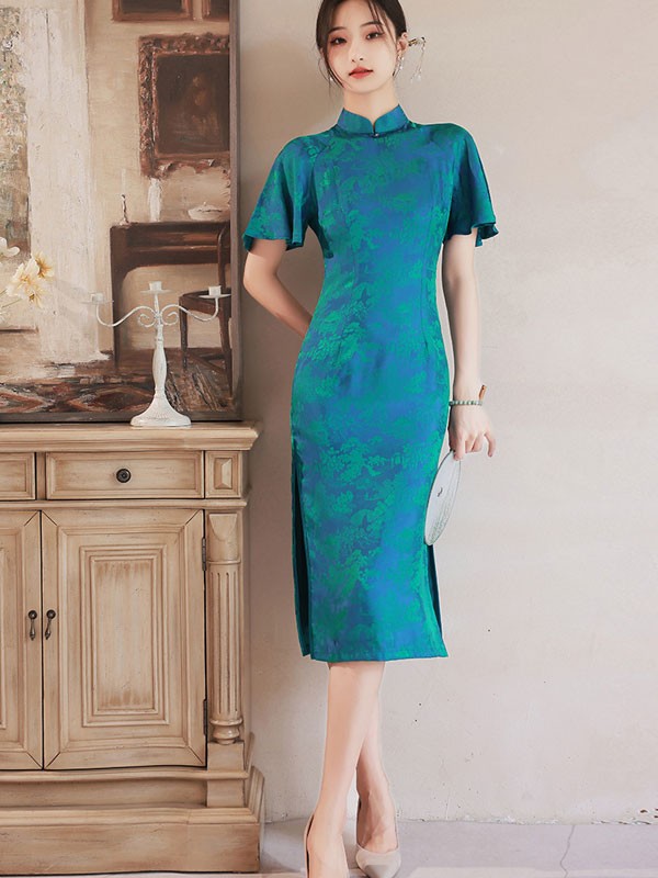 Green Chinese Painting Print Qipao Cheongsam Dress