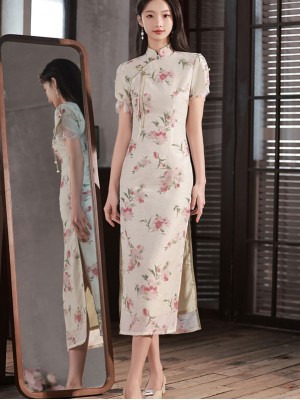 2023 Summer Floral Mid Tea Qipao Cheongsam Dress