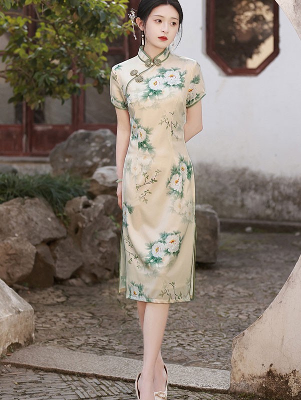 2023 Summer Floral Print Mid Qipao Cheongsam Dress