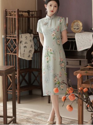 2023 Summer Floral Print Mid Qipao Cheongsam Dress