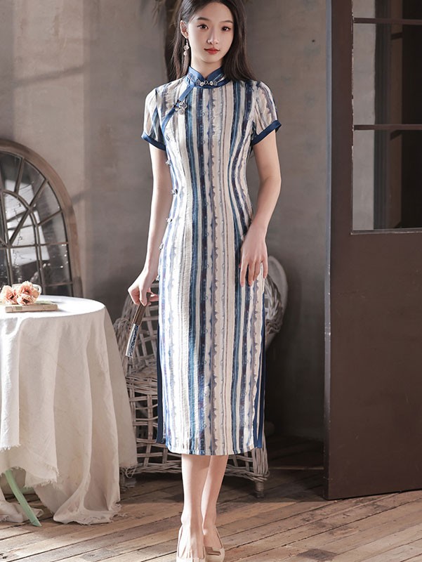 2023 Summer Stripe Mid Qipao Cheongsam Dress