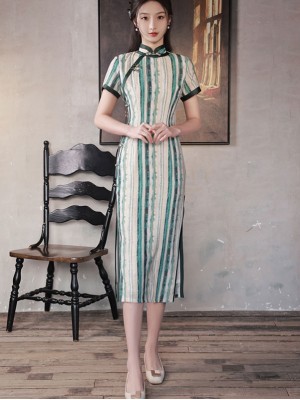 2023 Summer Stripe Mid Qipao Cheongsam Dress