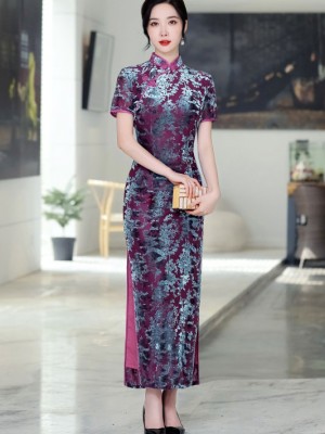 Purple Mothers Velvet Maxi Qipao Cheongsam Dress