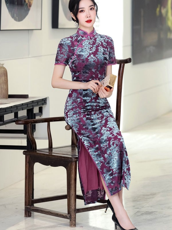 Purple Mothers Velvet Maxi Qipao Cheongsam Dress
