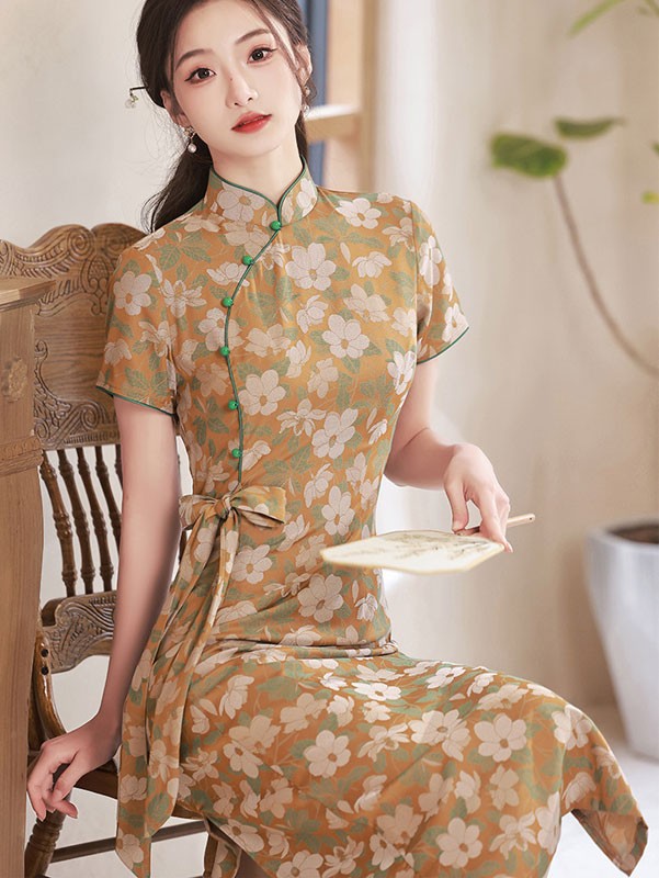 Yellow Floral Belt  A-Line Qipao Cheongsam Dress