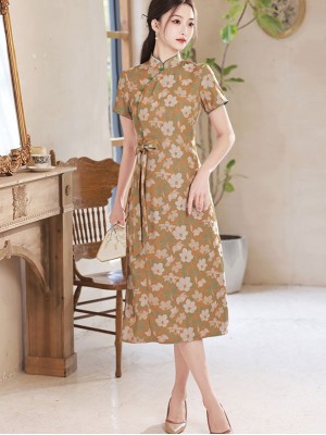 Yellow Floral Belt A-Line Qipao Cheongsam Dress