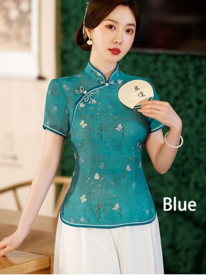 2023 Summer Floral Linen Cheongsam Blouse Top