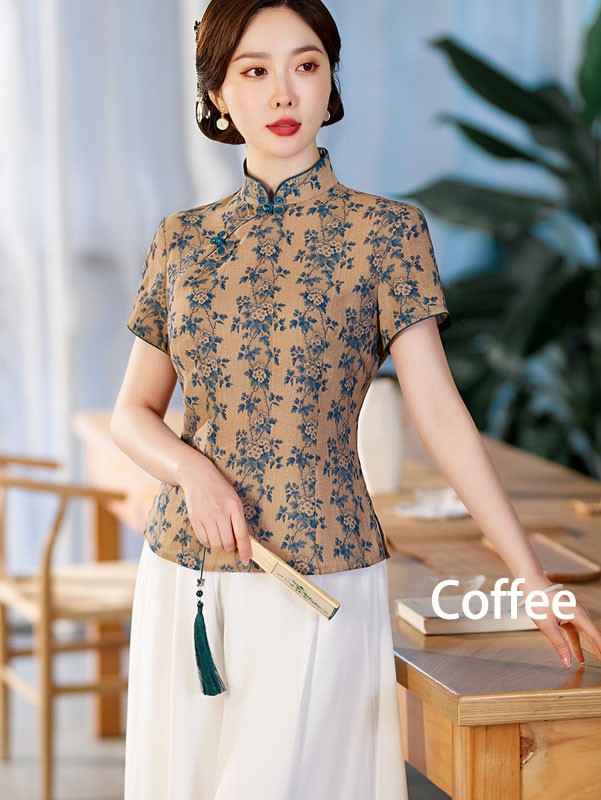 2023 Summer Floral Linen Cheongsam Blouse Top