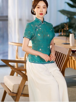 2023 Summer Floral Linen Cheongsam Blouse Top