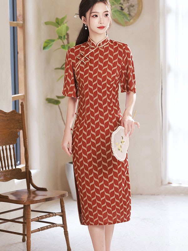 2023 Summer Red Stripe Mid Qipao Cheongsam Dress