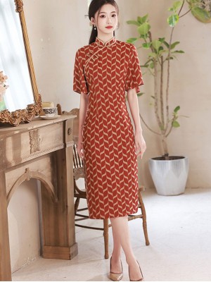 2023 Summer Red Stripe Mid Qipao Cheongsam Dress