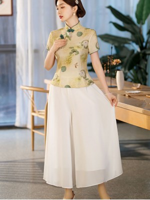2026 Summer Floral Linen Cheongsam Blouse Top