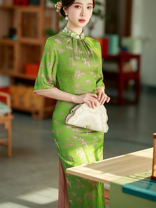 Green Jacquard Bamboo Silk Qipao Cheongsam Dress