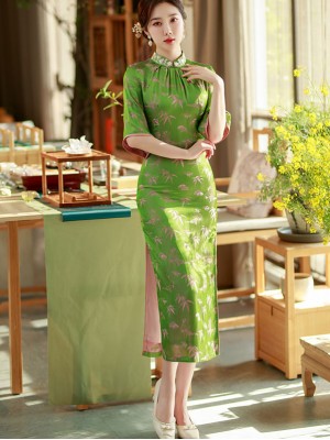 Green Jacquard Bamboo Silk Qipao Cheongsam Dress