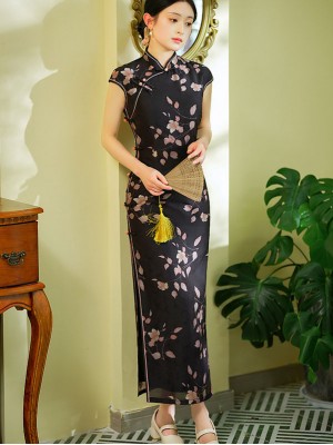 Black White Mothers Floral Maxi Cheongsam Qipao Dress