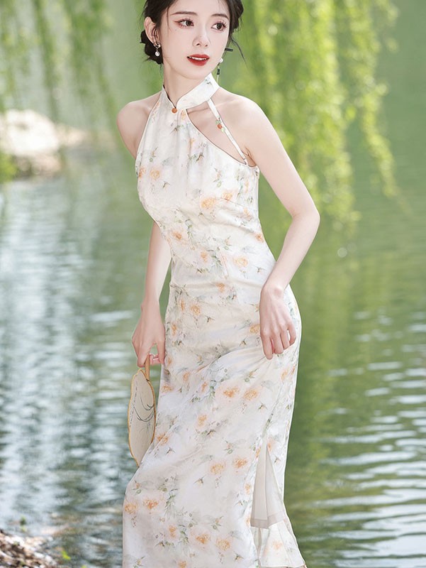 2023 Summer Halter Floral Qipao Cheongsam Dress