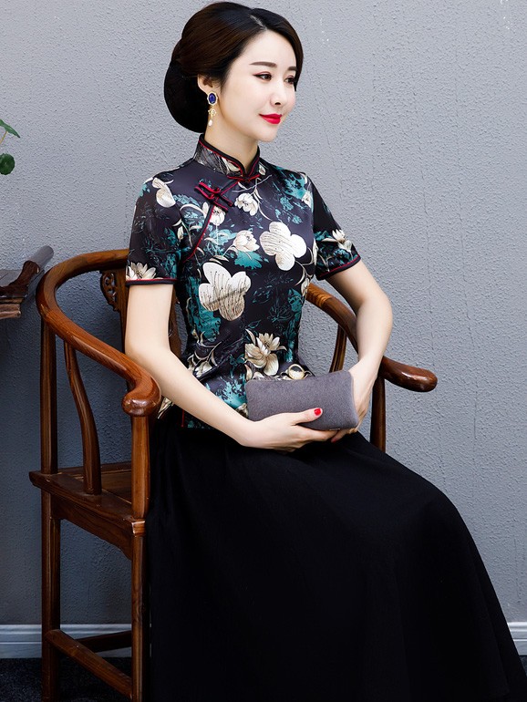 Black Floral Qipao / Cheongsam Blouse Top