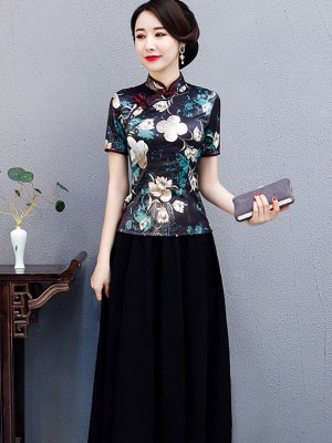 Black Floral Qipao / Cheongsam Blouse Top