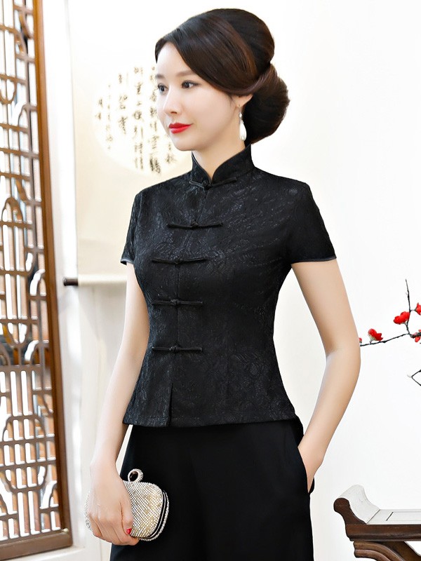 Black Short Sleeve Qipao / Cheongsam Blouse Top