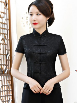 Black Short Sleeve Qipao / Cheongsam Blouse Top