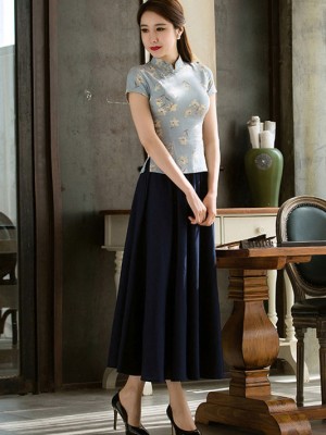 Blue Floral Linen Mandarin Collar Qipao / Tang Shirt