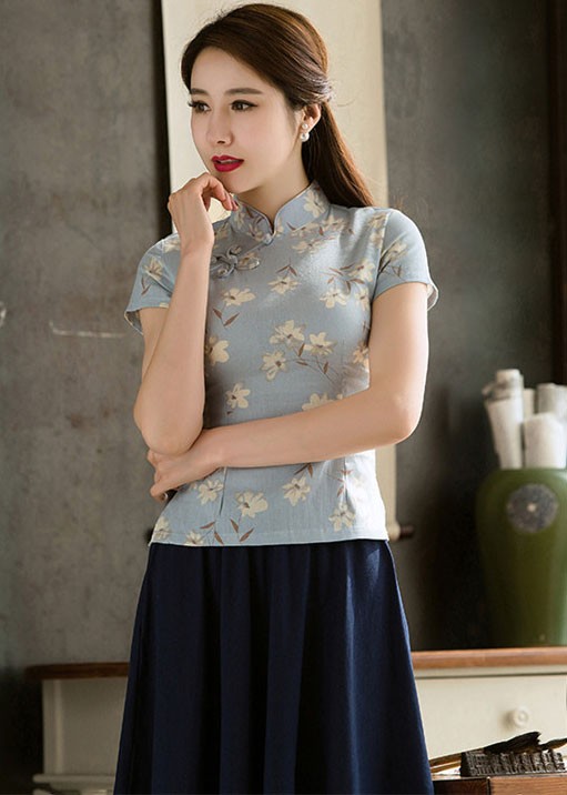 Blue Floral Linen Mandarin Collar Qipao / Tang Shirt
