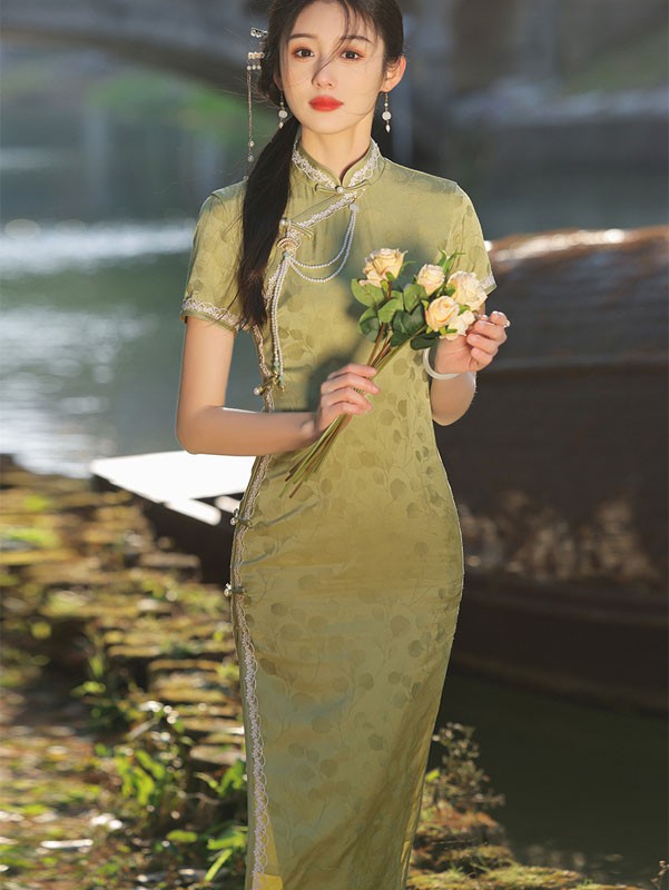 Green Jacquard Midi Qipao Cheongsam Dress