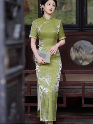 Green Shimmery Jacquard Silk Qipao Cheongsam Dress