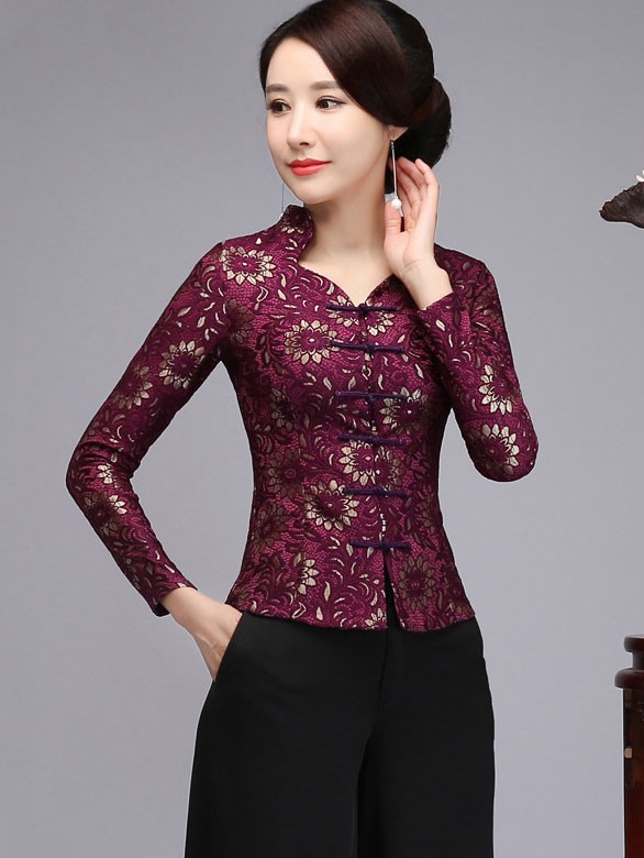 Mother's Red Purple Lace Cheongsam Blouse Top