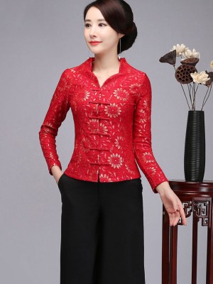 Mother's Red Purple Lace Cheongsam Blouse Top