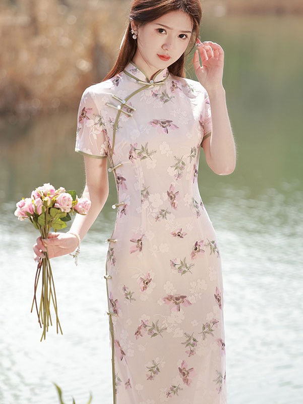 Floral Chiffon Midi Cheongsam Qipao Dress