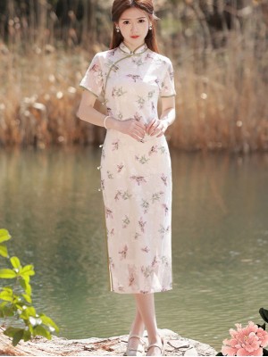 Floral Chiffon Midi Cheongsam Qipao Dress