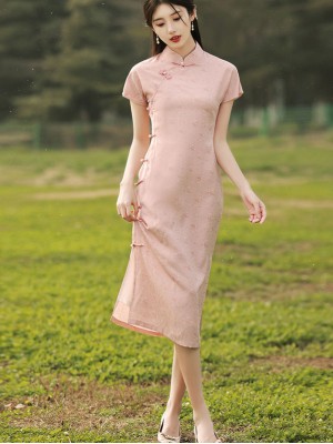 Pink Rabbit Print Midi Cheongsam Qipao Dress