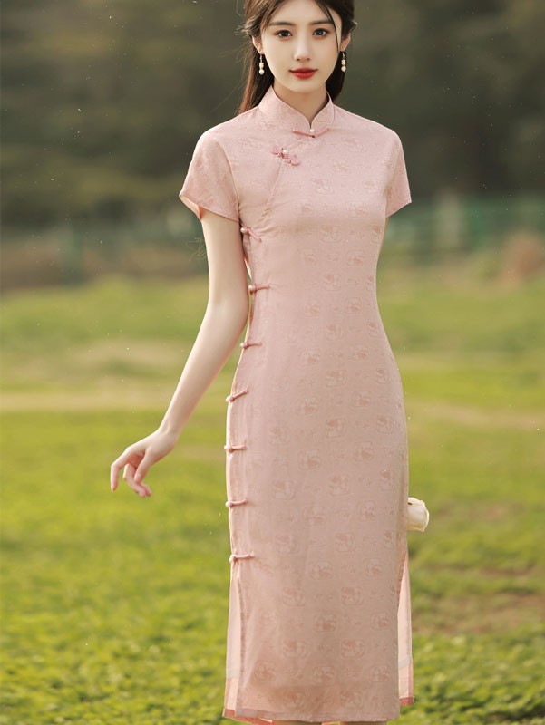 Pink Rabbit Print Midi Cheongsam Qipao Dress