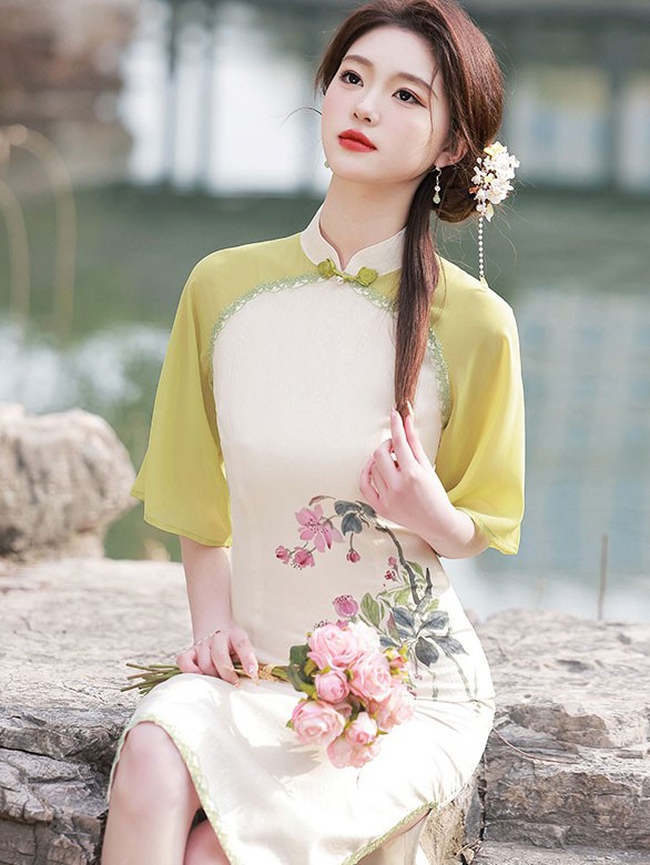 White Chinese Painting Print Midi Cheongsam Qipao Dress