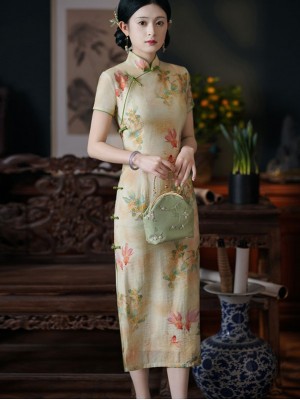 Chinese Painting Print Mid Qipao Cheongsam Dress