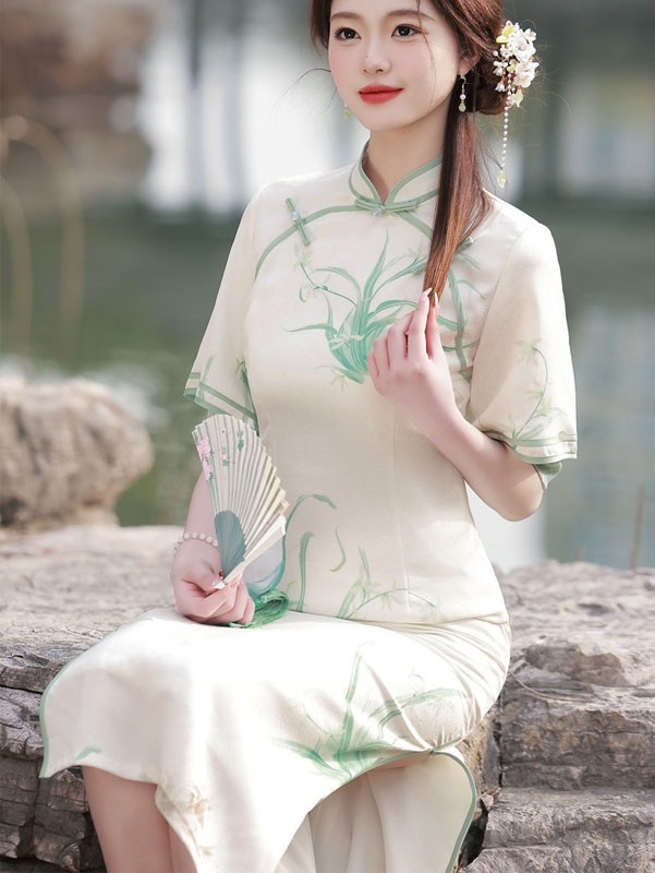 Orchid Print Jacquard Midi Cheongsam Qipao Dress