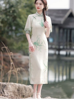 Orchid Print Jacquard Midi Cheongsam Qipao Dress