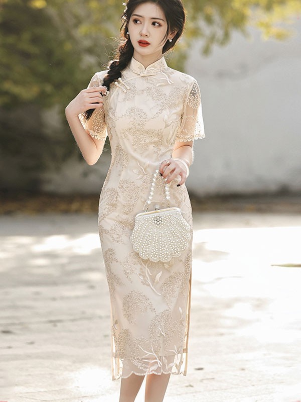 2023 Embroidered Floral Lace Mid Cheongsam / Qipao Dress