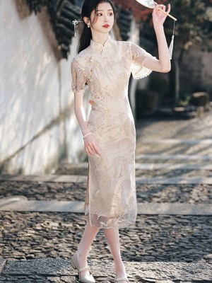2023 Embroidered Floral Lace Mid Cheongsam / Qipao Dress