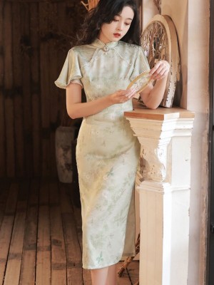 Green Floral Flutter Sleeve Cheongsam Qipao Dress