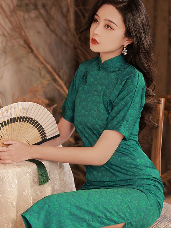 2023 Summer Forest Green Floral Print Cheongsam Qipao Dress