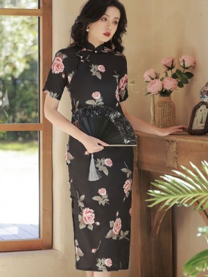 Black Rose Print Chiffon Cheongsam Qipao Dress