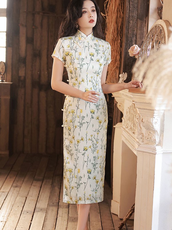 2023 White Daisy Print Midi Cheongsam Qipao Dress