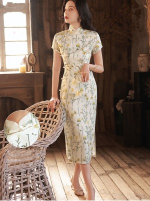 2023 White Daisy Print Midi Cheongsam Qipao Dress