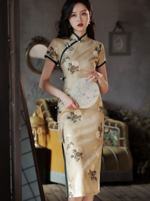 2026 Floral Print Midi Cheongsam Qipao Dress