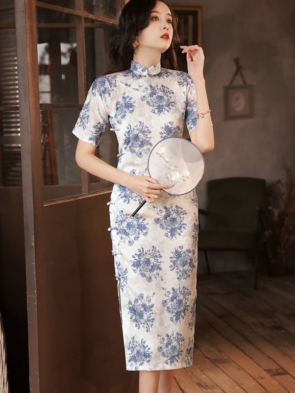 Blue and White Floral Midi Cheongsam Qipao Dress