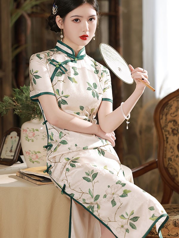 Summer White Gardenia Print Midi Qipao Cheongsam Dress