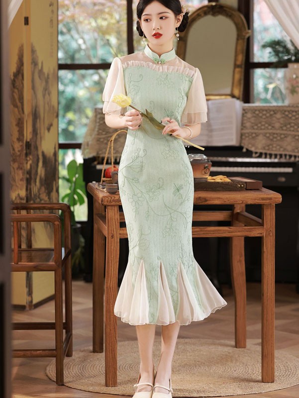 Black Green Fishtail Midi Illusion Cheongsam Qipao Dress